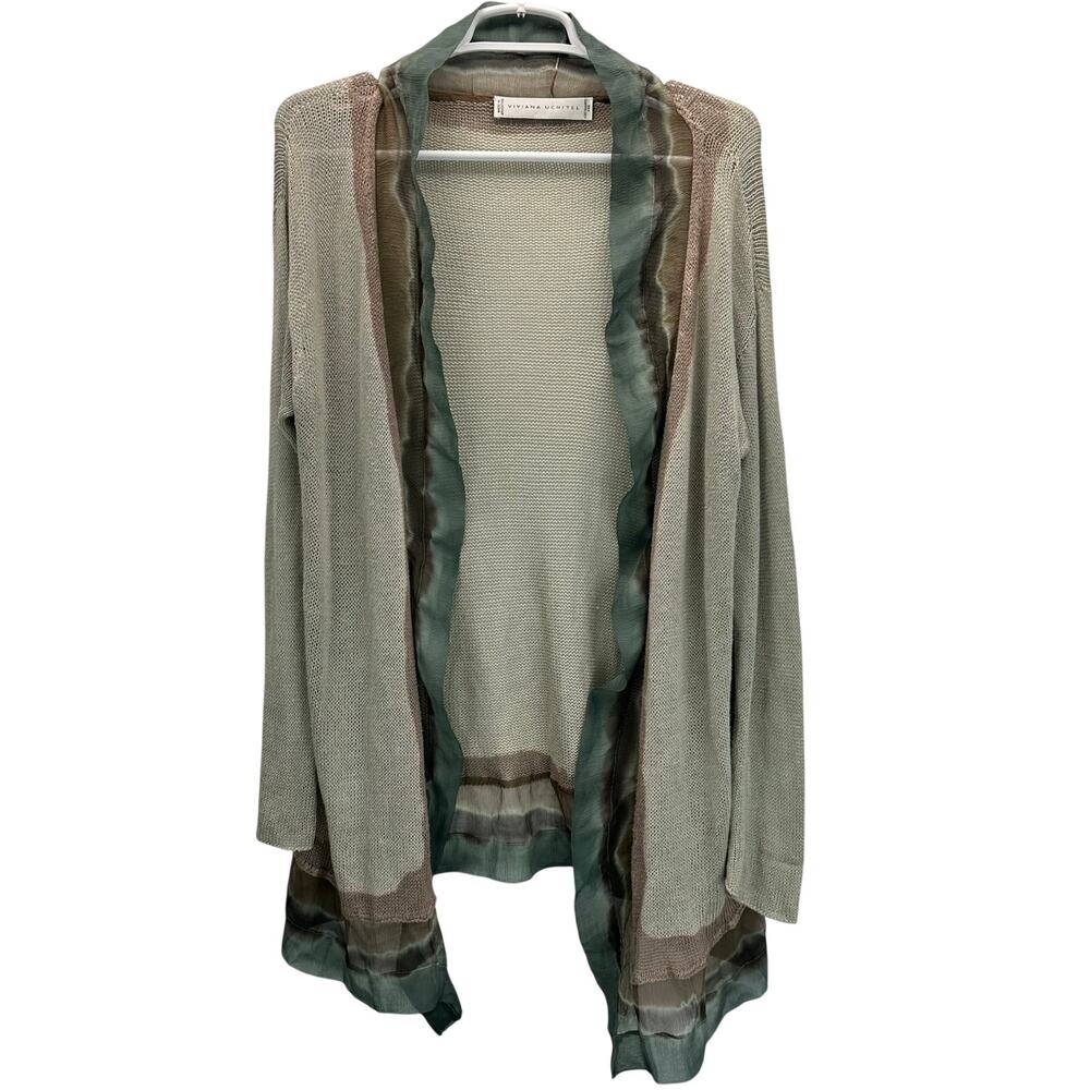 Light Sage Open-Front Women's Cardigan Sweater with Sheer Trim
